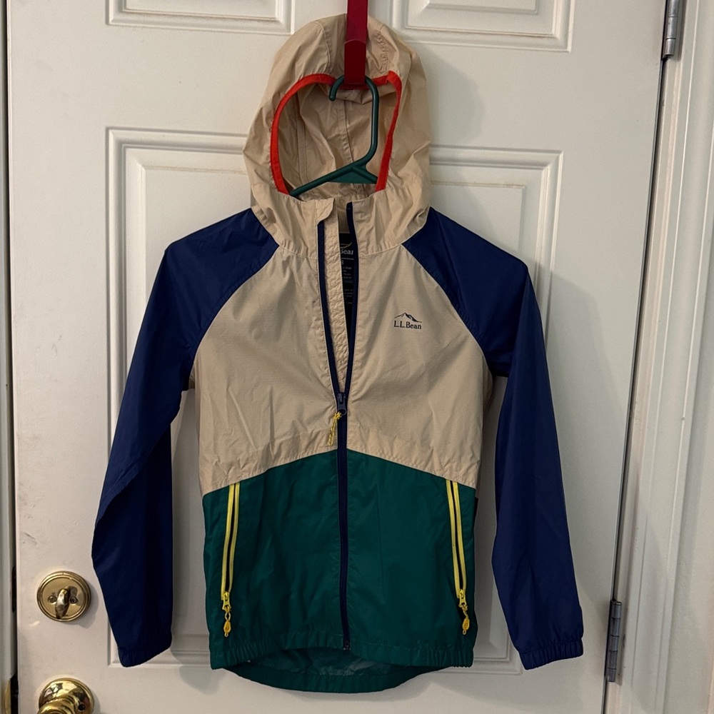 L.L. Bean Kids' Colorblock Rain Jacket - Navy, Beige & Green